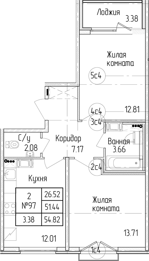 2-комнатная квартира 51.44 м², 4/4 эт., ЖК «Любоград в Стрельне»